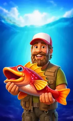 Slot-Cover mit Angler und gefangenem Fisch unter Wasser